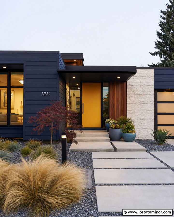 Navy Blue Midcentury House With Cantilevered Awning - 30 Navy Blue House Design With Awning Ideas