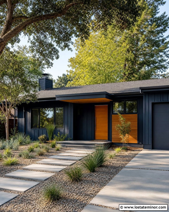 Navy Blue Midcentury House With Cantilevered Portico - 30 Navy Blue House Design With Portico Ideas