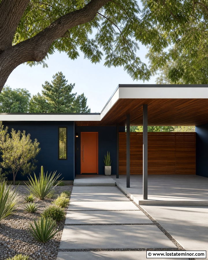 Navy Blue Midcentury House With Flat Roof Carport - 30 Navy Blue House Design With Carport Ideas
