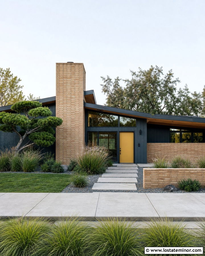 Navy Blue Midcentury House With Roman Brick Chimney - 30 Navy Blue House Design With Chimney Ideas