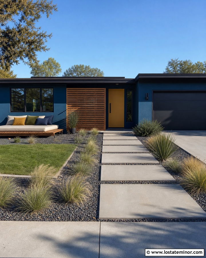 Navy Blue Midcentury House With Slatted Daybed - 30 Navy Blue House Design With Daybed Ideas