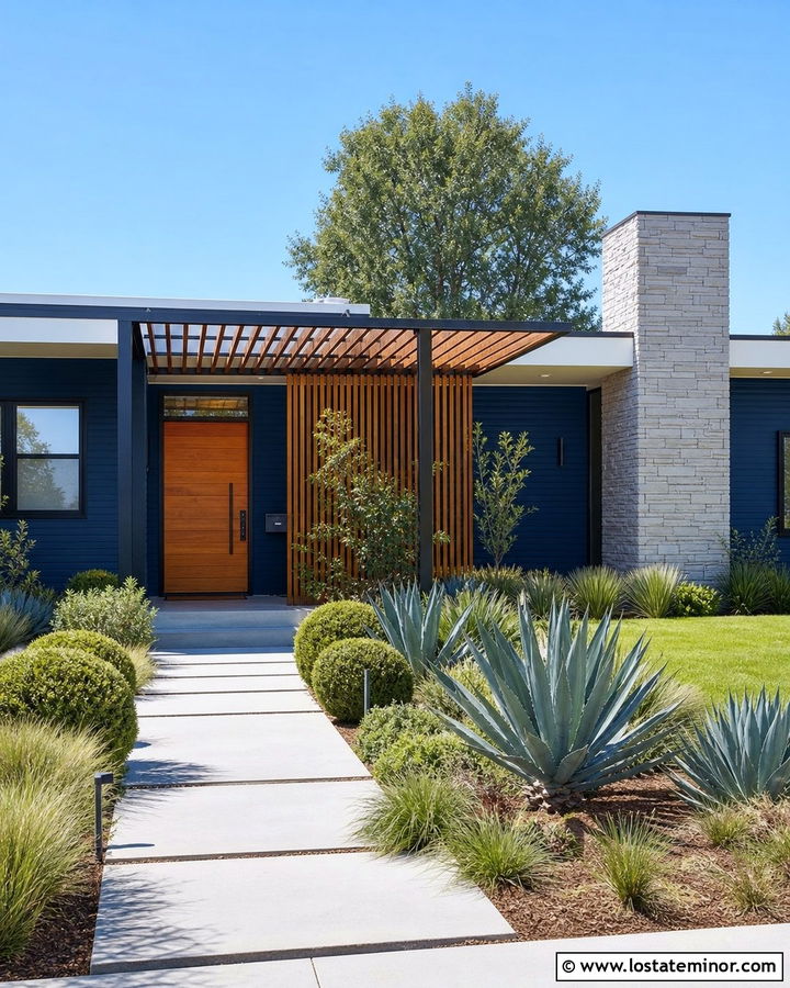 Navy Blue Midcentury House With Slatted Pergola - 30 Navy Blue House Design With Pergola Ideas