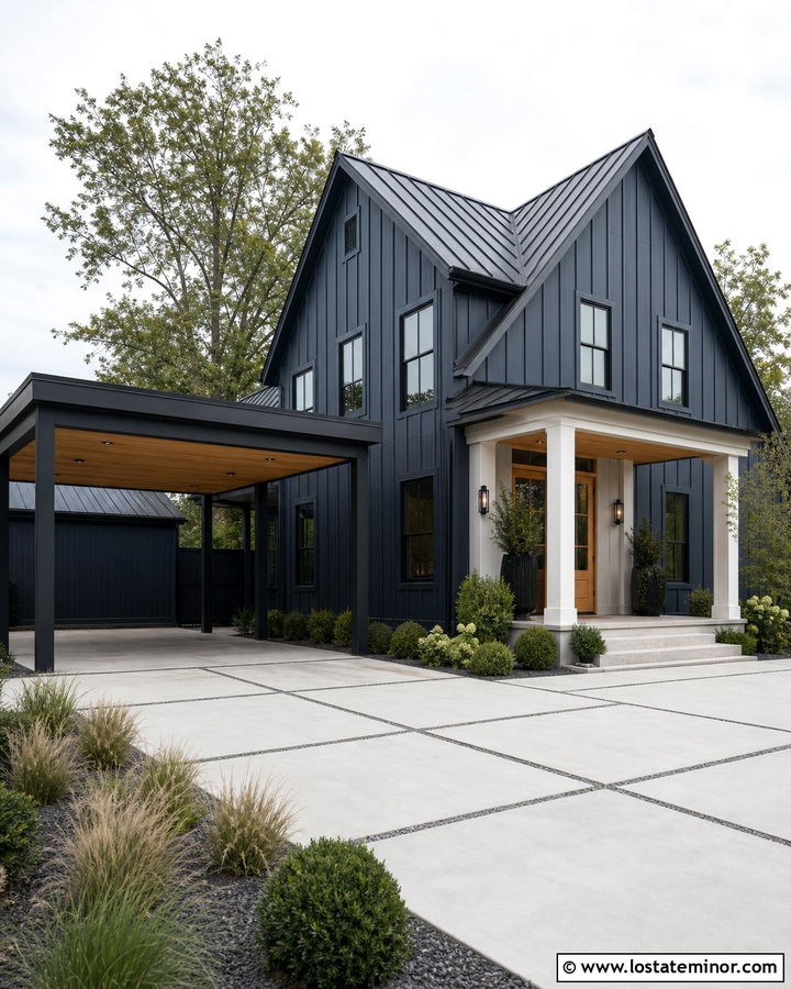 Navy Blue Modern Farmhouse With Black Carport - 30 Navy Blue House Design With Carport Ideas