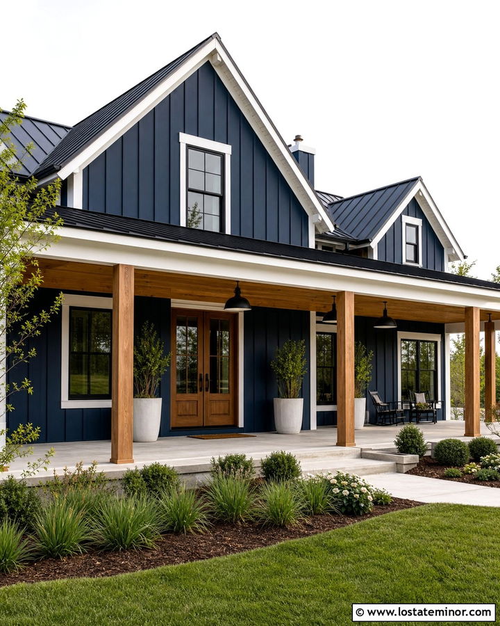 Navy Blue Modern Farmhouse With Black Roof - 30 Navy Blue House Design With Front Porch Ideas