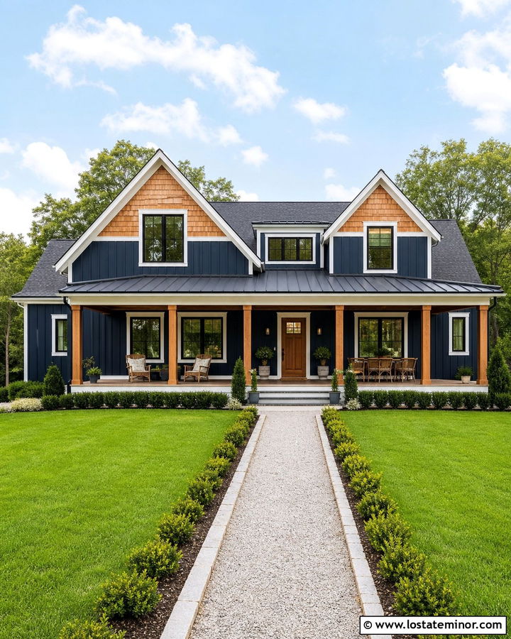 Navy Blue Modern Farmhouse With Cedar Shake Peaks - 30 Navy Blue House Design With Cedar Shake Ideas