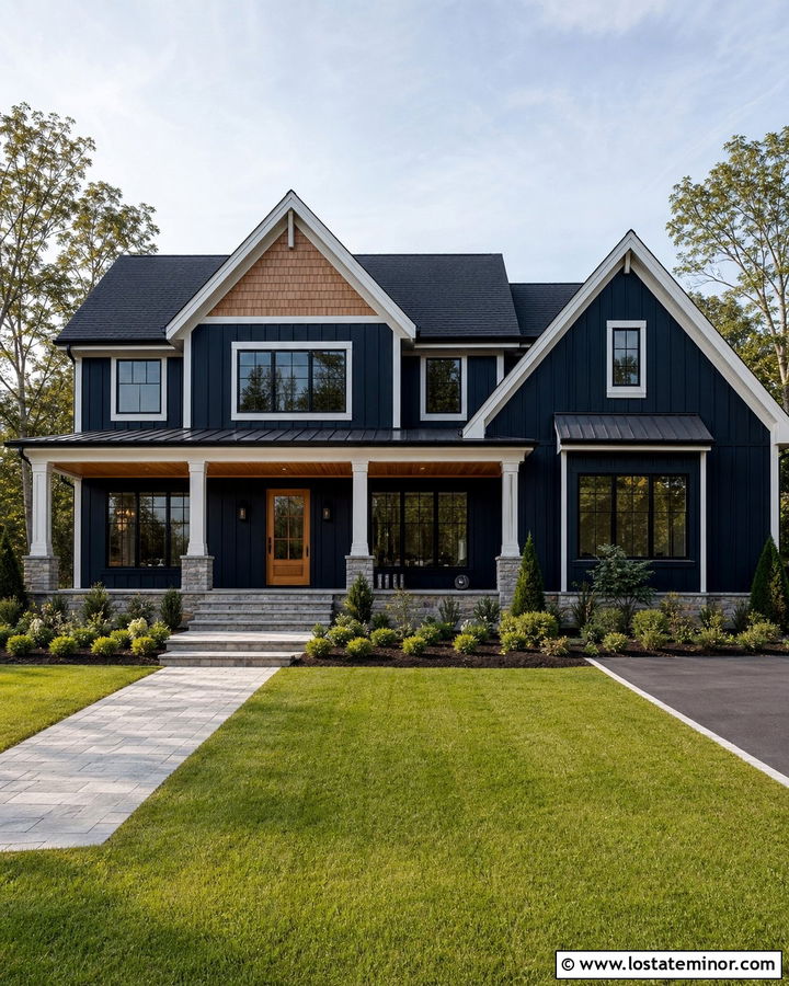 Navy Blue Modern Farmhouse With Cedar Shingles - 30 Navy Blue House Design With Shingles Ideas