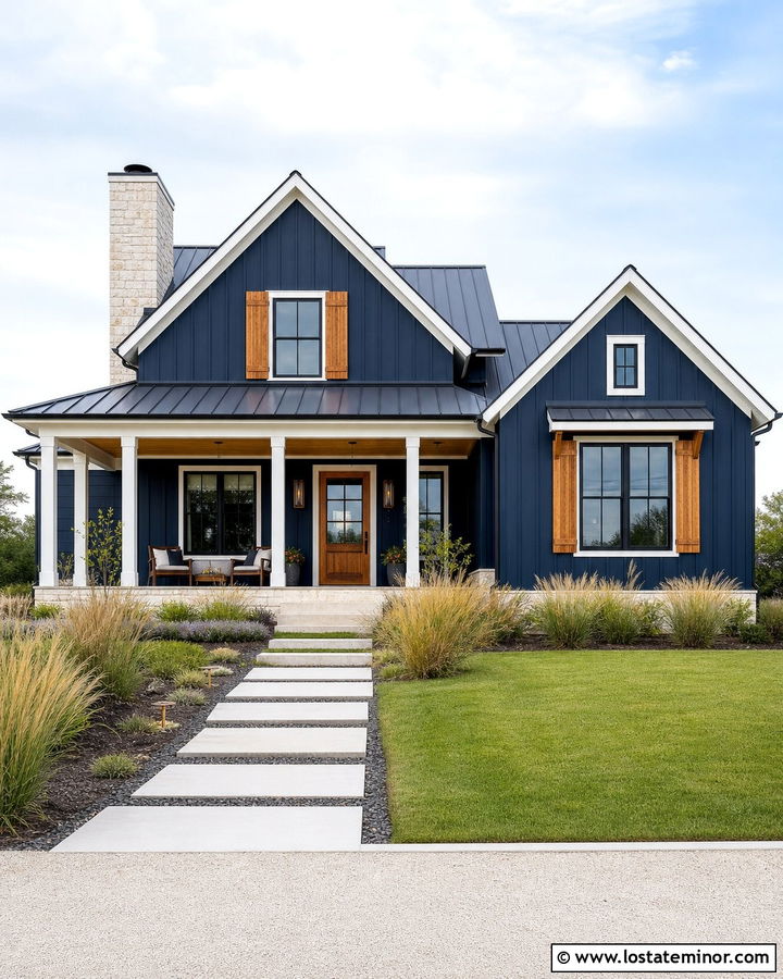 Navy Blue Modern Farmhouse With Cedar Shutters - 30 Navy Blue House Design With Shutters Ideas