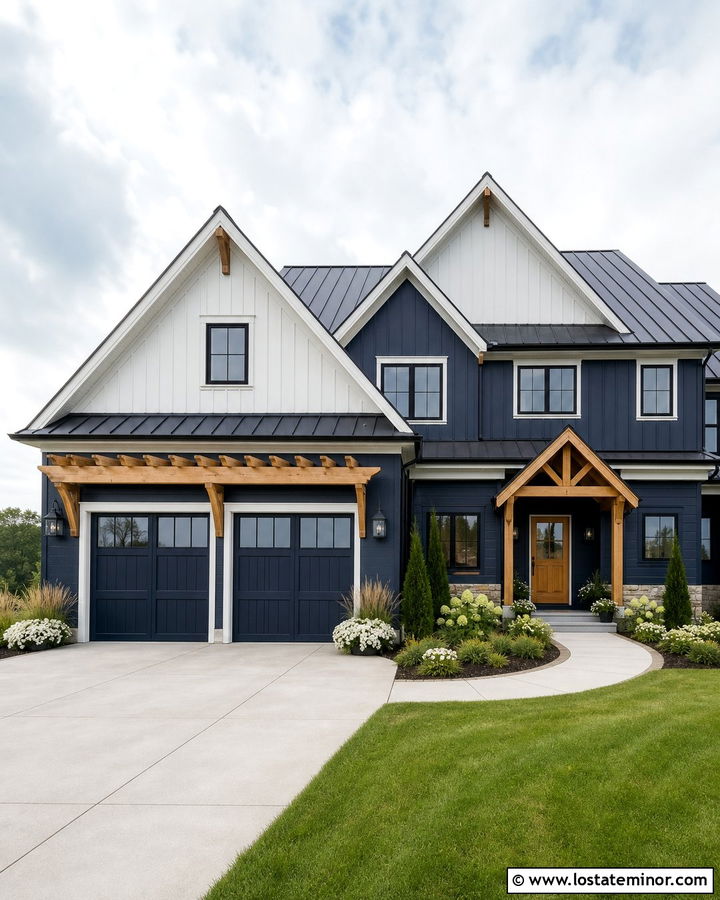 Navy Blue Modern Farmhouse With Garage Pergola - 30 Navy Blue House Design With Pergola Ideas