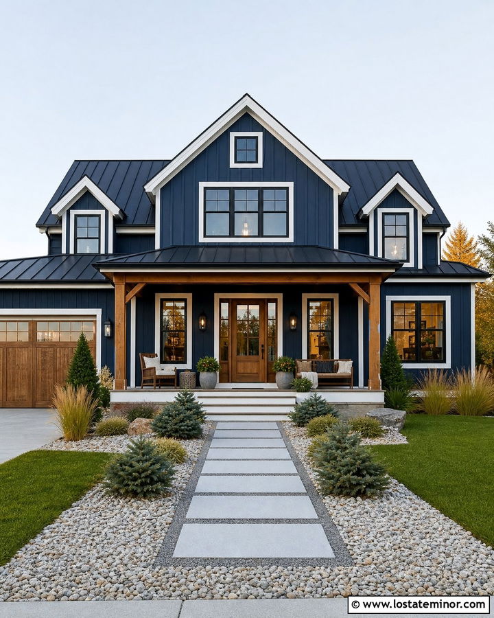 Navy Blue Modern Farmhouse With Gravel Beds - 30 Navy Blue House Design With Landscaping Ideas