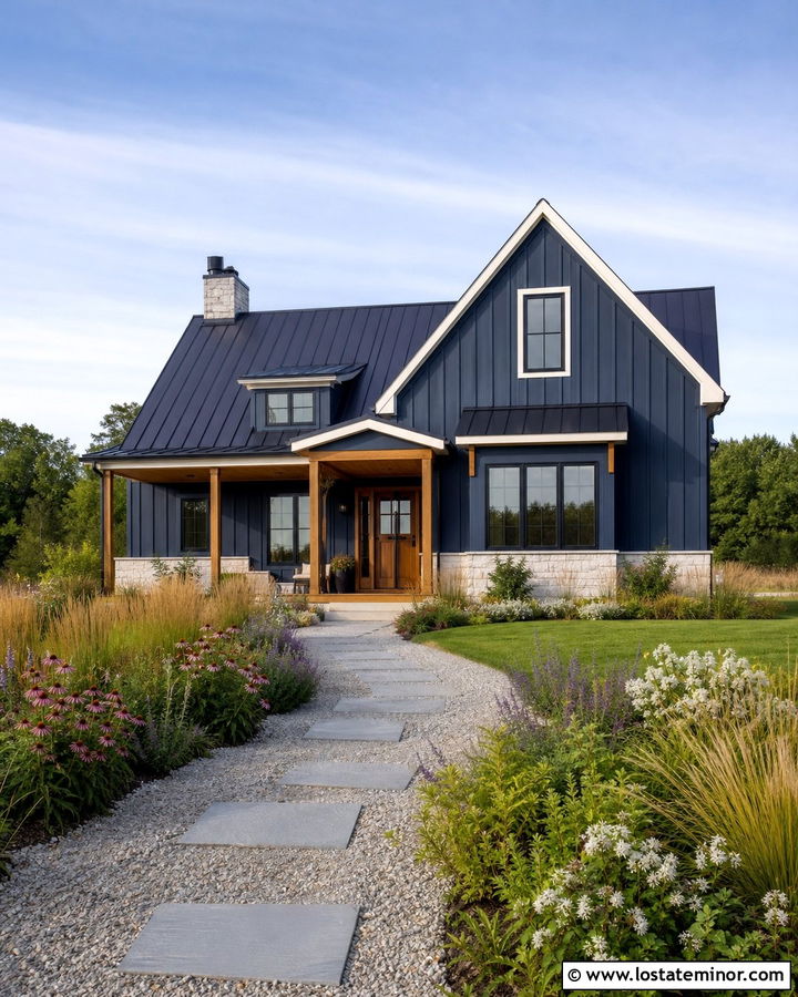 Navy Blue Modern Farmhouse With Meadow Landscaping - 30 Navy Blue House Design With Front Yard Ideas