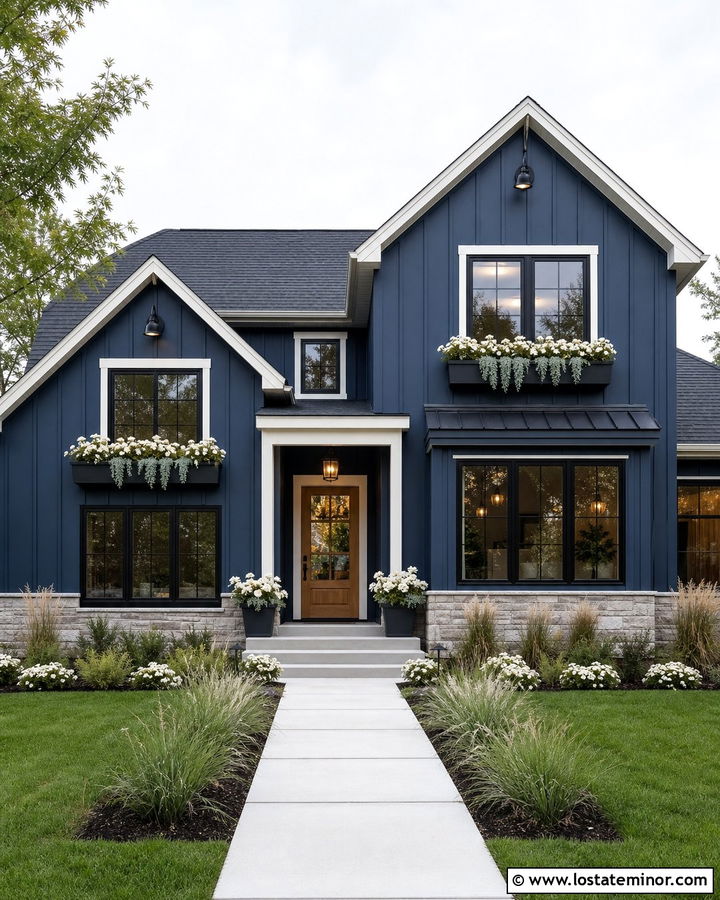 Navy Blue Modern Farmhouse With Metal Window Boxes - 30 Navy Blue House Design With Window Boxes Ideas