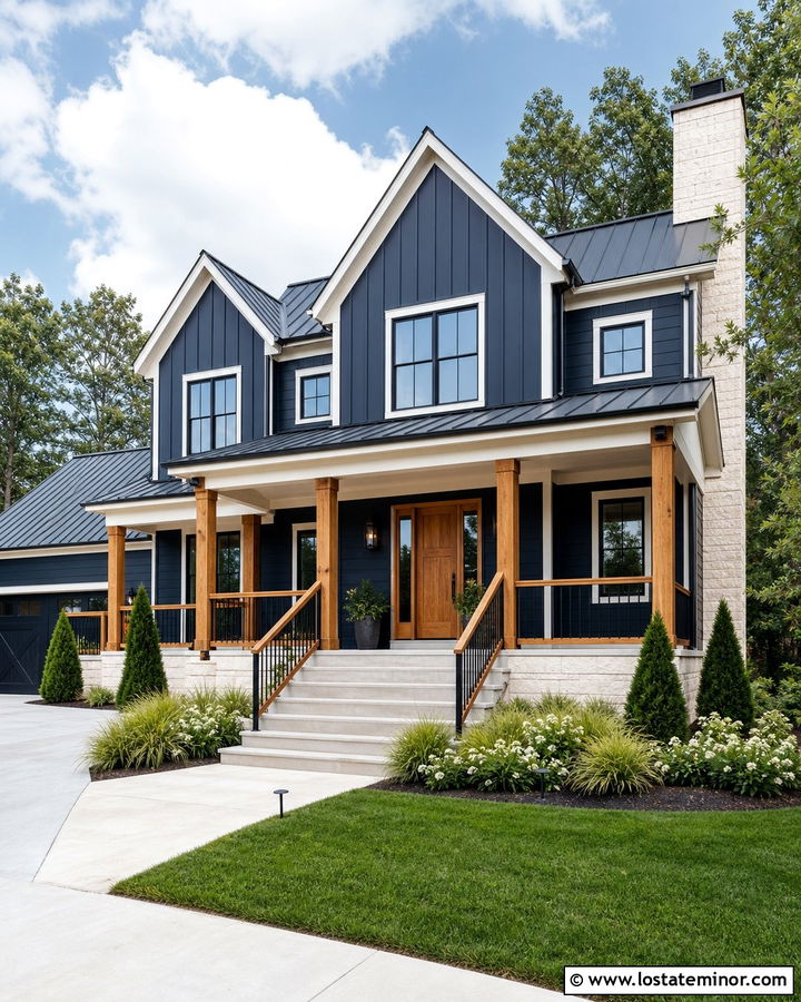 Navy Blue Modern Farmhouse With Mixed Metal Railings - 30 Navy Blue House Design With Railings Ideas