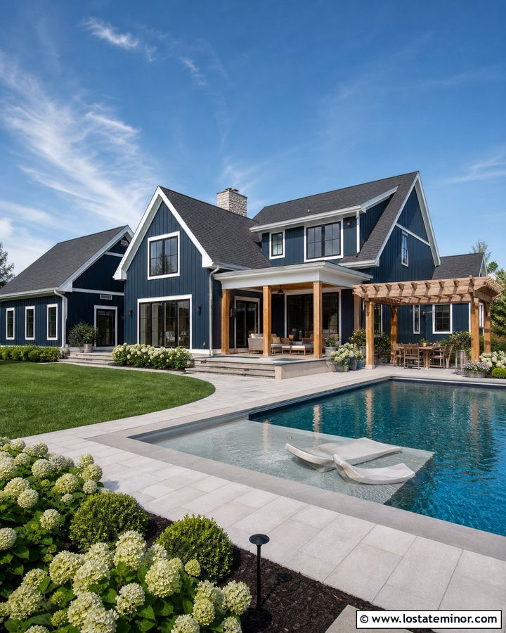 Navy Blue Modern Farmhouse With Pool - 30 Navy Blue House Design With Swimming Pool Ideas