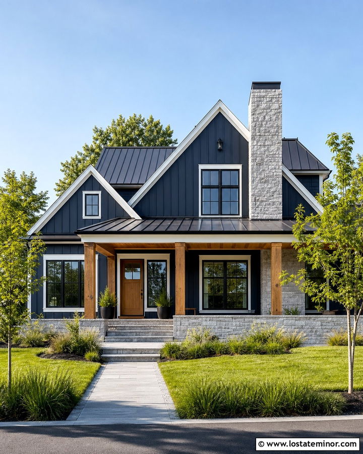 Navy Blue Modern Farmhouse With Stone Chimney - 30 Navy Blue House Design With Chimney Ideas