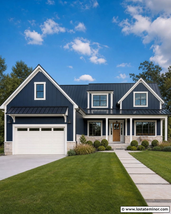 Navy Blue Modern Farmhouse With White Garage - 30 Navy Blue House Design With Garage Door Ideas