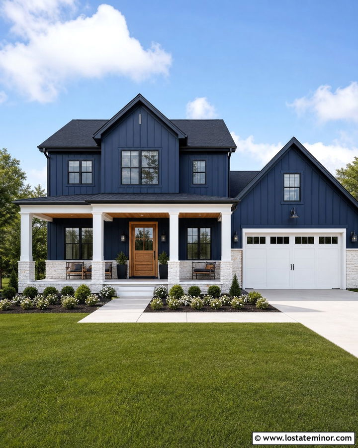 Navy Blue Modern Farmhouse With White Stone Wainscoting - 30 Navy Blue House Design With Wainscoting Ideas