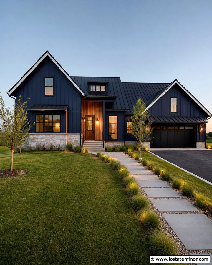 Navy Blue Modern Farmhouse With Wood Paneling - 30 Navy Blue House Design With Accents Ideas