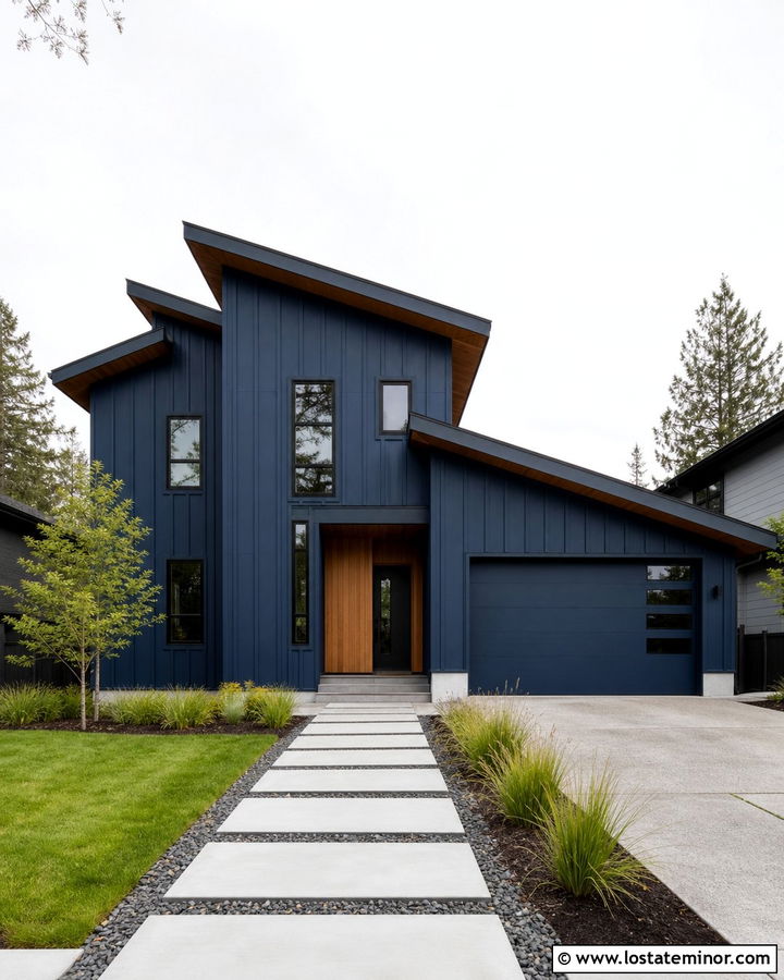 Navy Blue Modern House With Asymmetrical Gables - 30 Navy Blue House Design With Gables Ideas