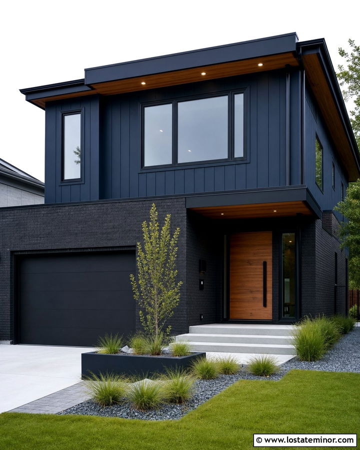 Navy Blue Modern House With Black Brick - 30 Navy Blue House Design With Brick Accents Ideas