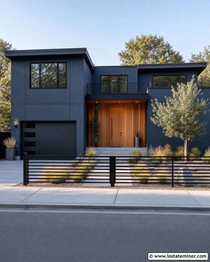 Navy Blue Modern House With Black Slat Fence - 30 Navy Blue House Design With Fence Ideas
