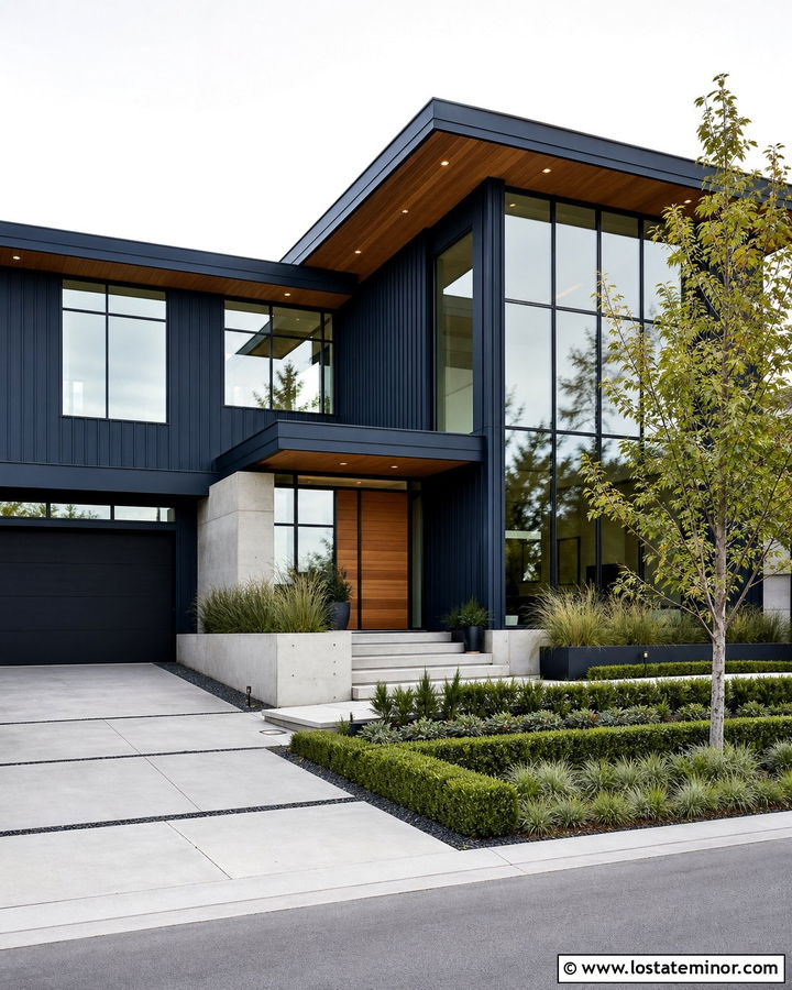 Navy Blue Modern House With Black Window Walls - 30 Navy Blue House Design With Window Frames Ideas