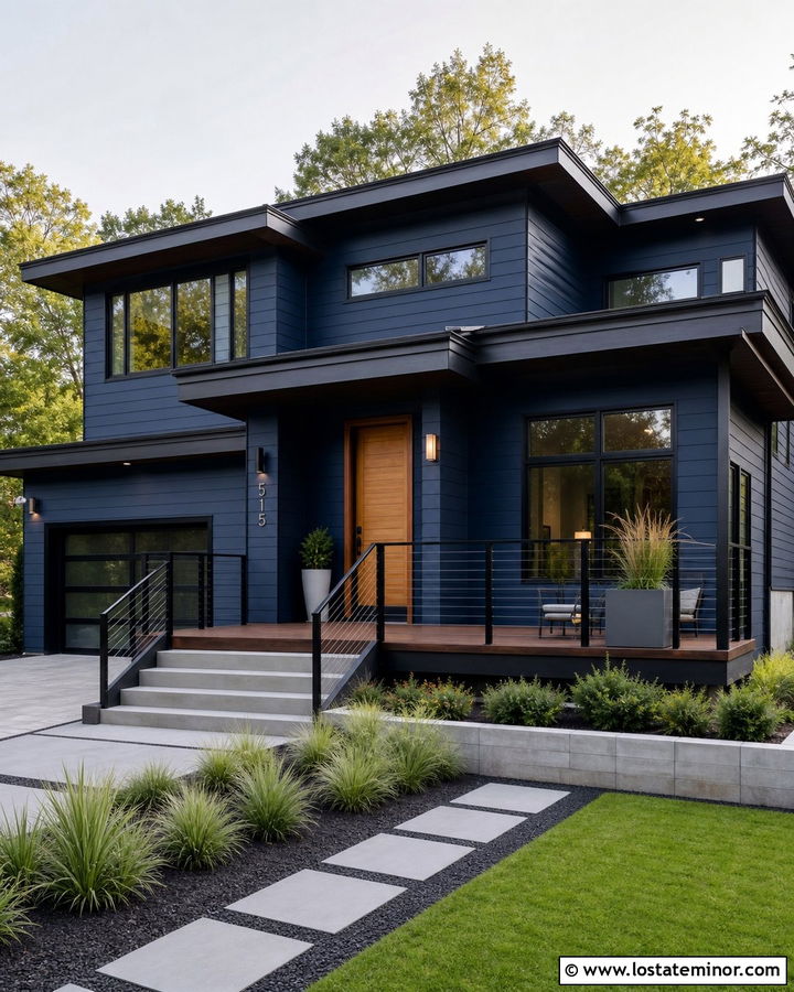 Navy Blue Modern House With Cable Railings - 30 Navy Blue House Design With Railings Ideas