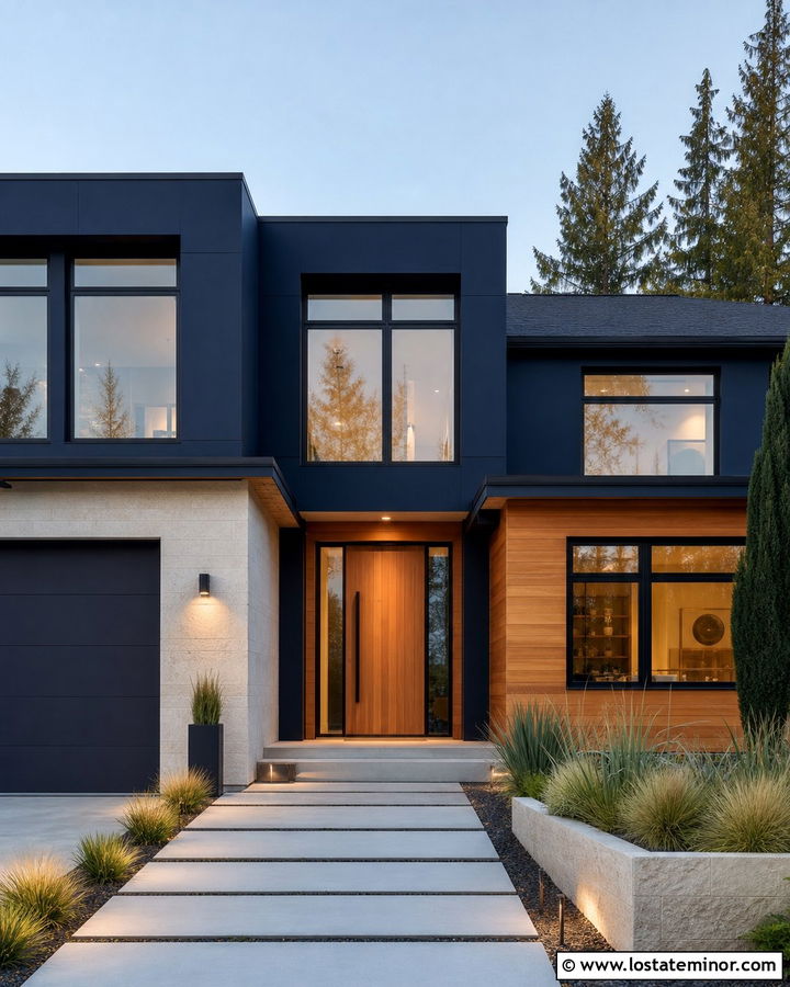 Navy Blue Modern House With Flat Dormers - 30 Navy Blue House Design With Dormers Ideas