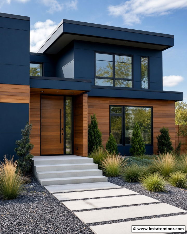Navy Blue Modern House With Frameless Storm Door - 30 Navy Blue House Design With Storm Door Ideas