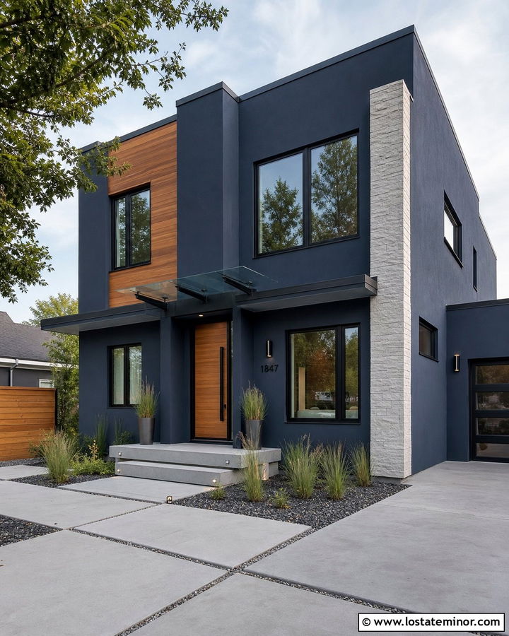 Navy Blue Modern House With Glass Awning - 30 Navy Blue House Design With Awning Ideas