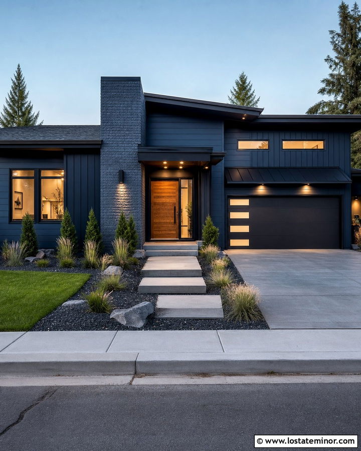 Navy Blue Modern House With Gray Brick - 30 Navy Blue House Design With Brick Accents Ideas