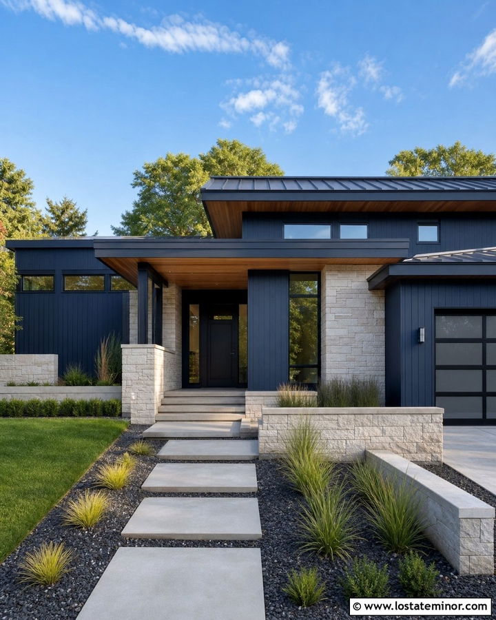 Navy Blue Modern House With Ledgestone Walls - 30 Navy Blue House Design With Stone Accents Ideas