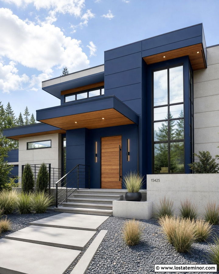 Navy Blue Modern House With Linear LED Lights - 30 Navy Blue House Design With Light Fixtures Ideas