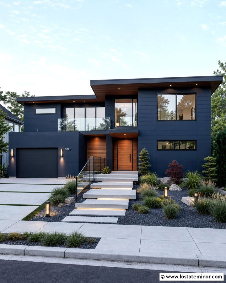 Navy Blue Modern House With Staggered Steps - 30 Navy Blue House Design With Steps Ideas