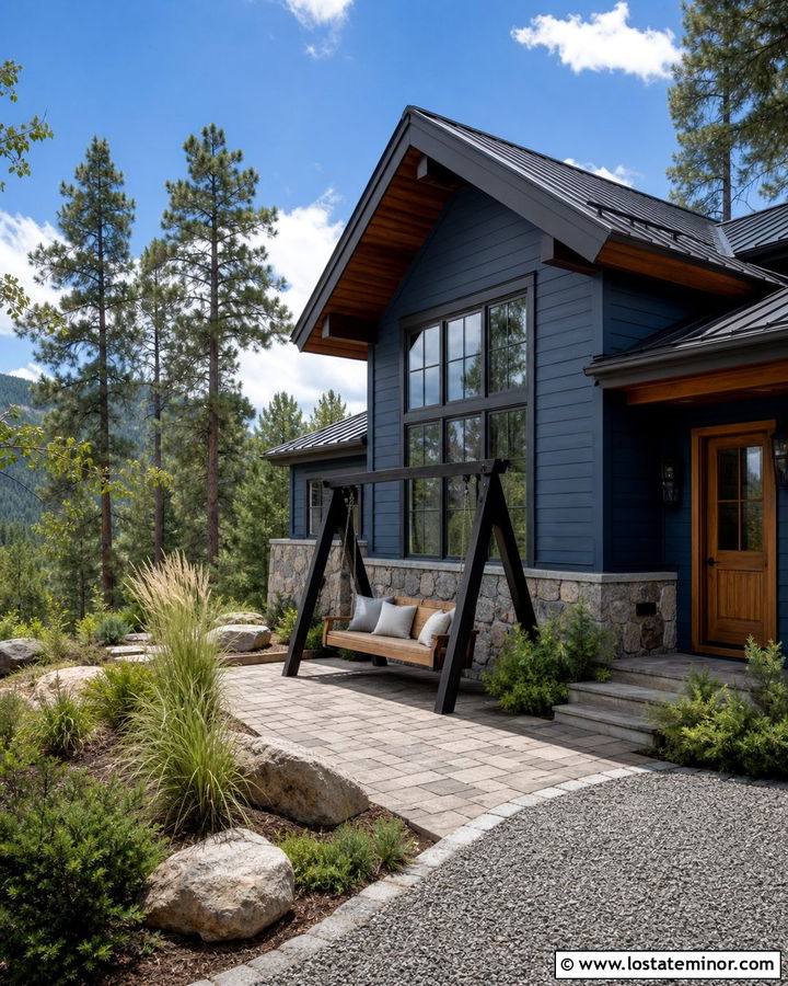 Navy Blue Mountain House With Black Frame Swing - 30 Navy Blue House Design With Swing Ideas
