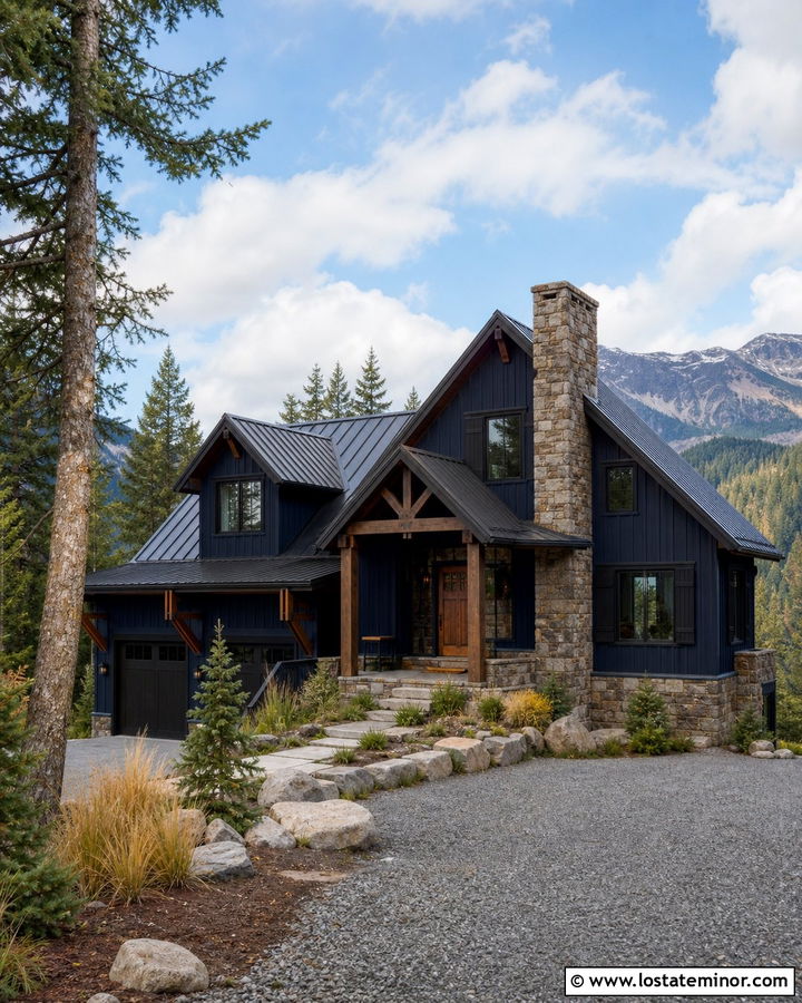 Navy Blue Mountain House With Black Shutters - 30 Navy Blue House Design With Shutters Ideas