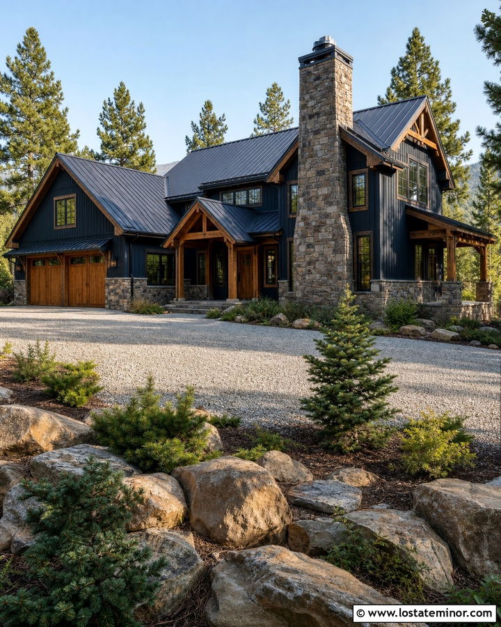 Navy Blue Mountain House With Rustic Stone Chimney - 30 Navy Blue House Design With Chimney Ideas