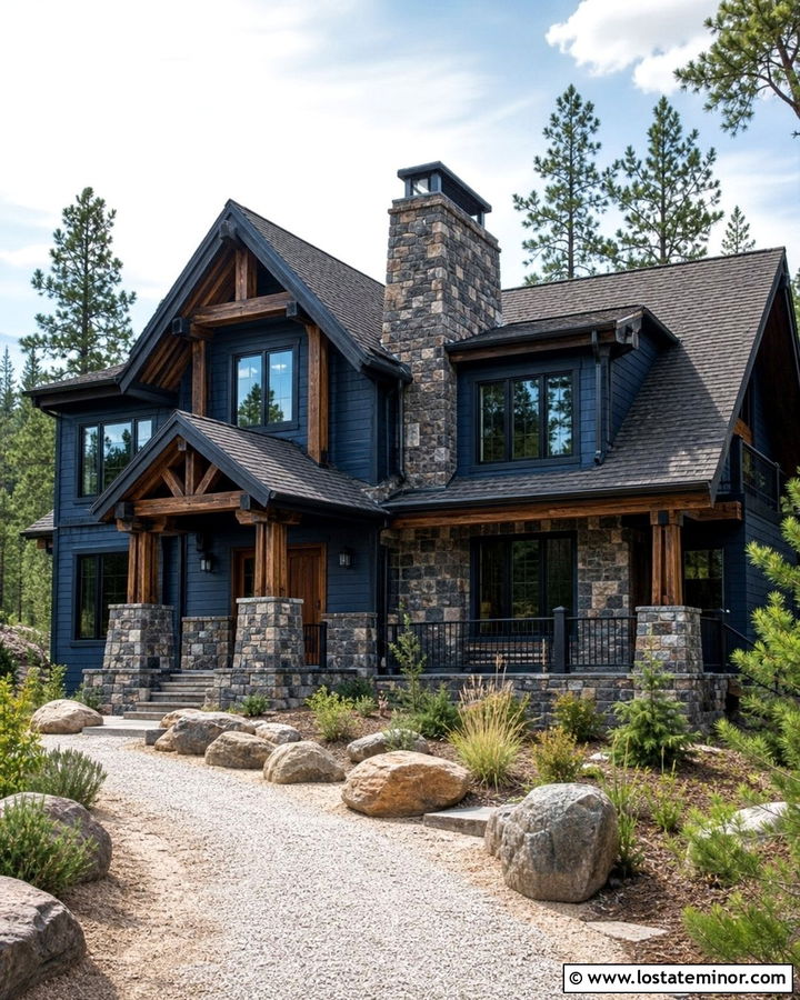 Navy Blue Mountain House With Rustic Stone - 30 Navy Blue House Design With Stone Accents Ideas