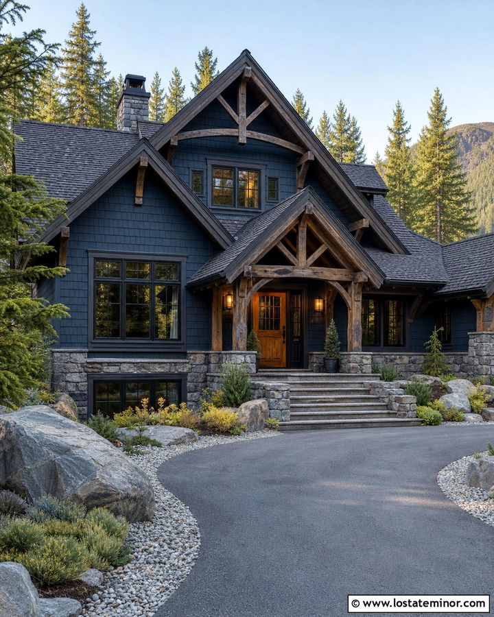Navy Blue Mountain House With Shake Shingles - 30 Navy Blue House Design With Shingles Ideas