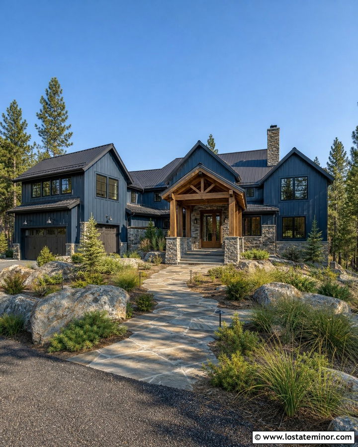 Navy Blue Mountain House With Stone Pergola Base - 30 Navy Blue House Design With Pergola Ideas