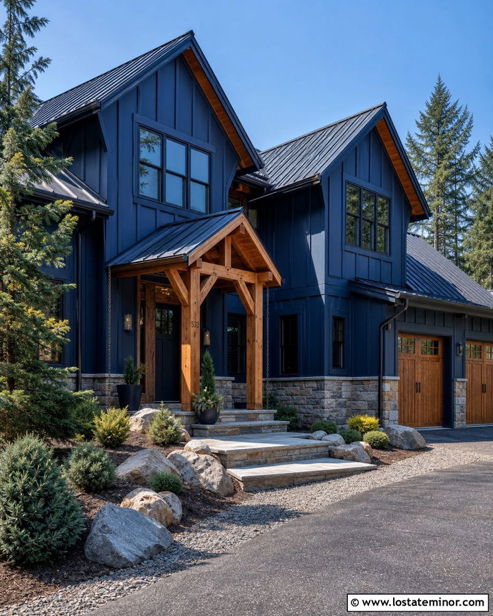 Navy Blue Mountain House With Timber Awning - 30 Navy Blue House Design With Awning Ideas