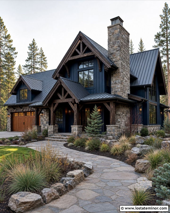 Navy Blue Mountain House With Timber Gables - 30 Navy Blue House Design With Gables Ideas