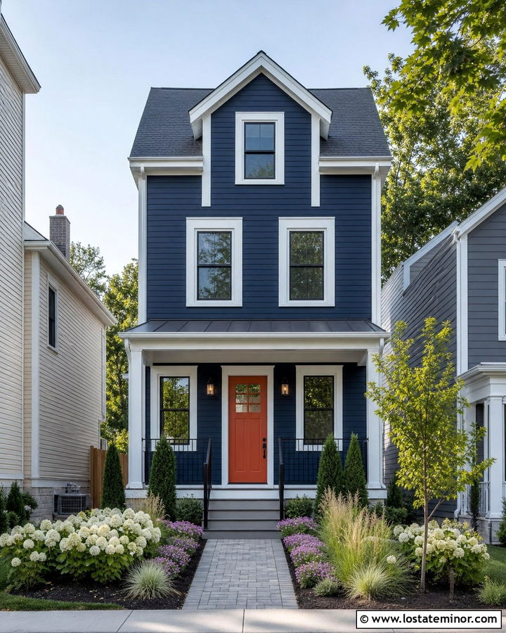 Navy Blue Narrow House With Small Front Garden - 30 Navy Blue House Design With Front Yard Ideas
