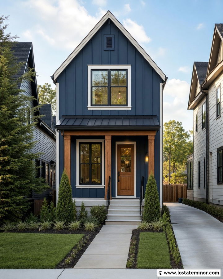 Navy Blue Narrow House With Tall Gables - 30 Navy Blue House Design With Gables Ideas