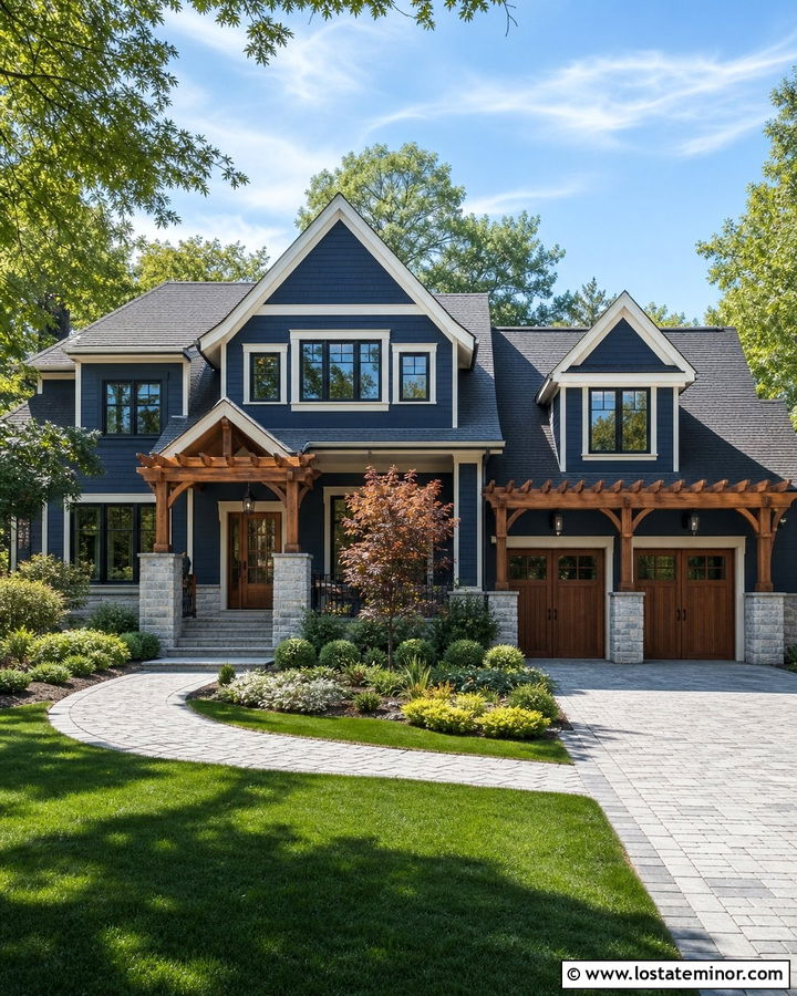 Navy Blue New American House With Double Pergolas - 30 Navy Blue House Design With Pergola Ideas