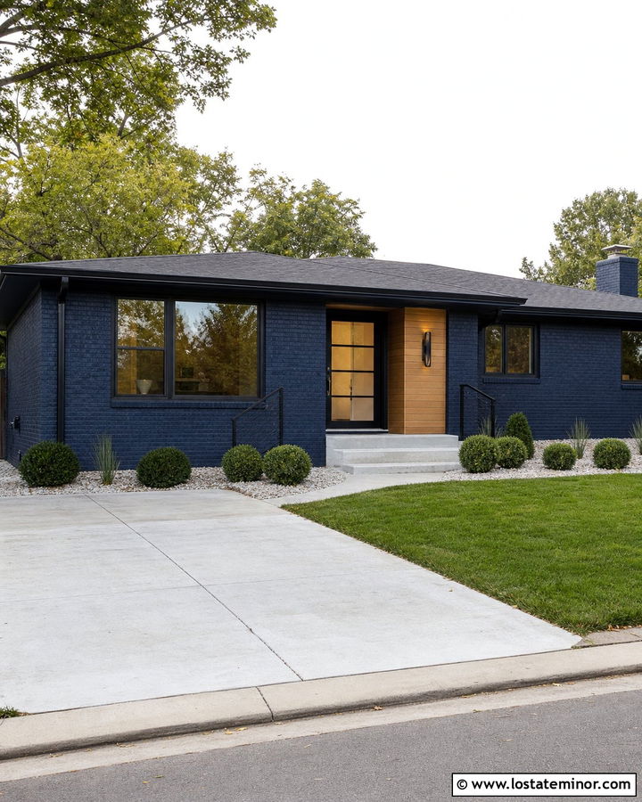 Navy Blue Painted Brick House With Black Frames - 30 Navy Blue House Design With Window Frames Ideas