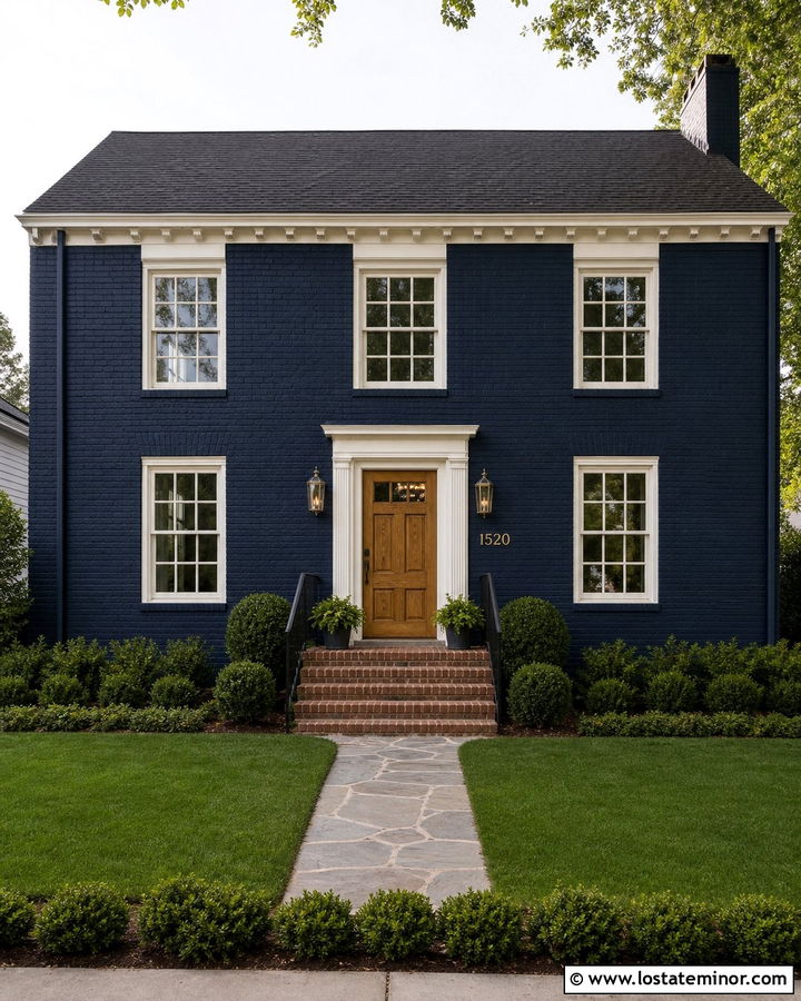 Navy Blue Painted Brick House With Brass Details - 30 Navy Blue House Design With Accents Ideas