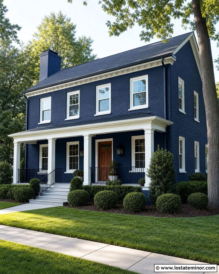 Navy Blue Painted Brick With White Trim - 30 Navy Blue House Design With Brick Accents Ideas