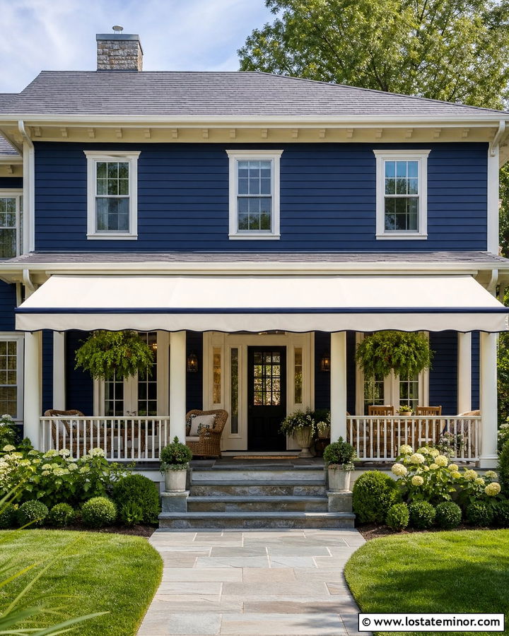 Navy Blue Porch House With Fabric Awning - 30 Navy Blue House Design With Awning Ideas