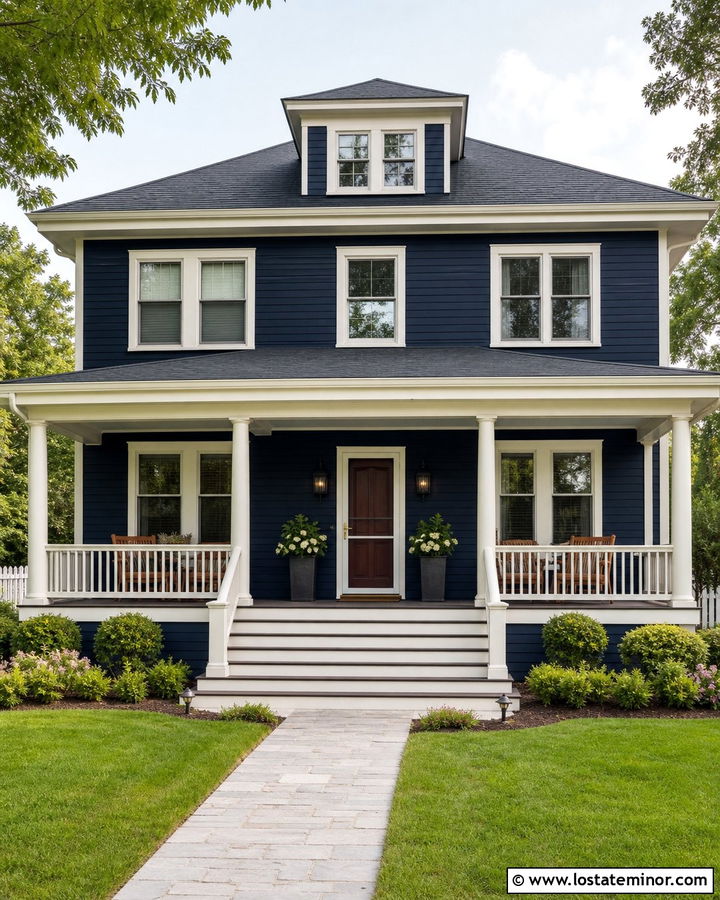 Navy Blue Porch House With Retractable Screen Door - 30 Navy Blue House Design With Storm Door Ideas