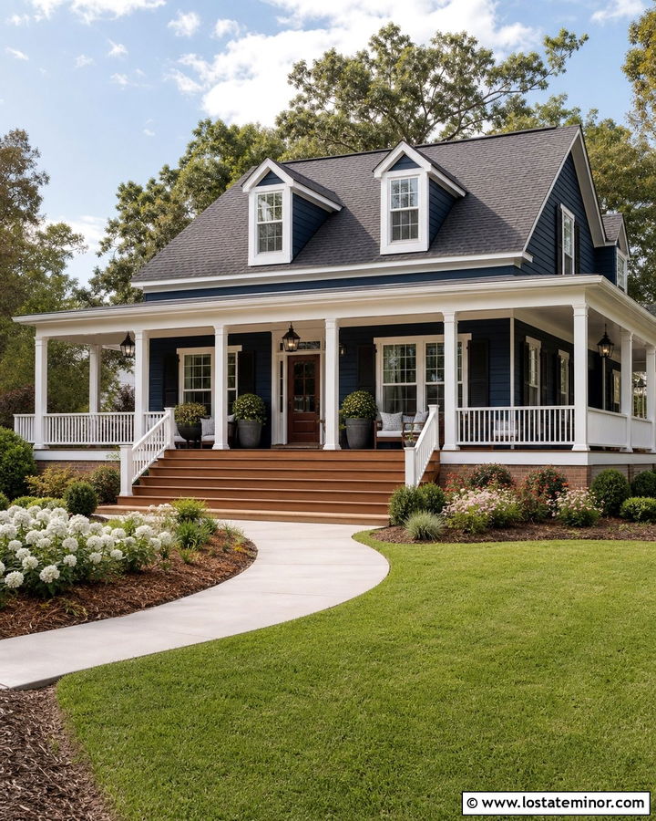 Navy Blue Porch With Wraparound Steps - 30 Navy Blue House Design With Steps Ideas